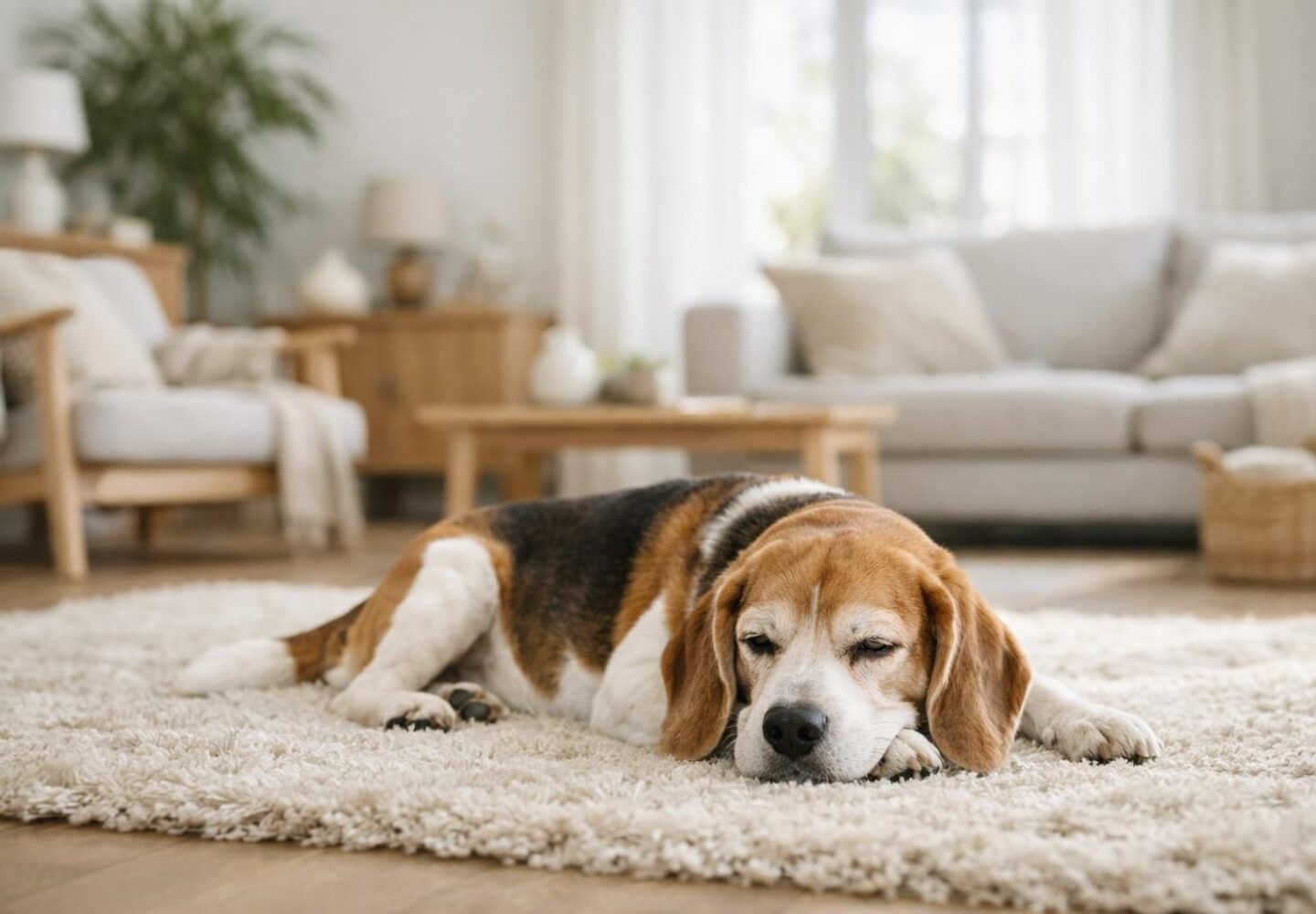 Chien diabétique d'âge mûr en forme et apaisé dans un salon lumineux