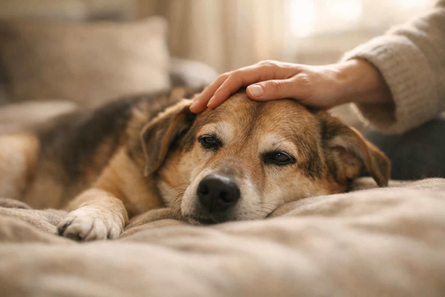 Chien diabétique d'âge mûr apaisé au repos à la maison