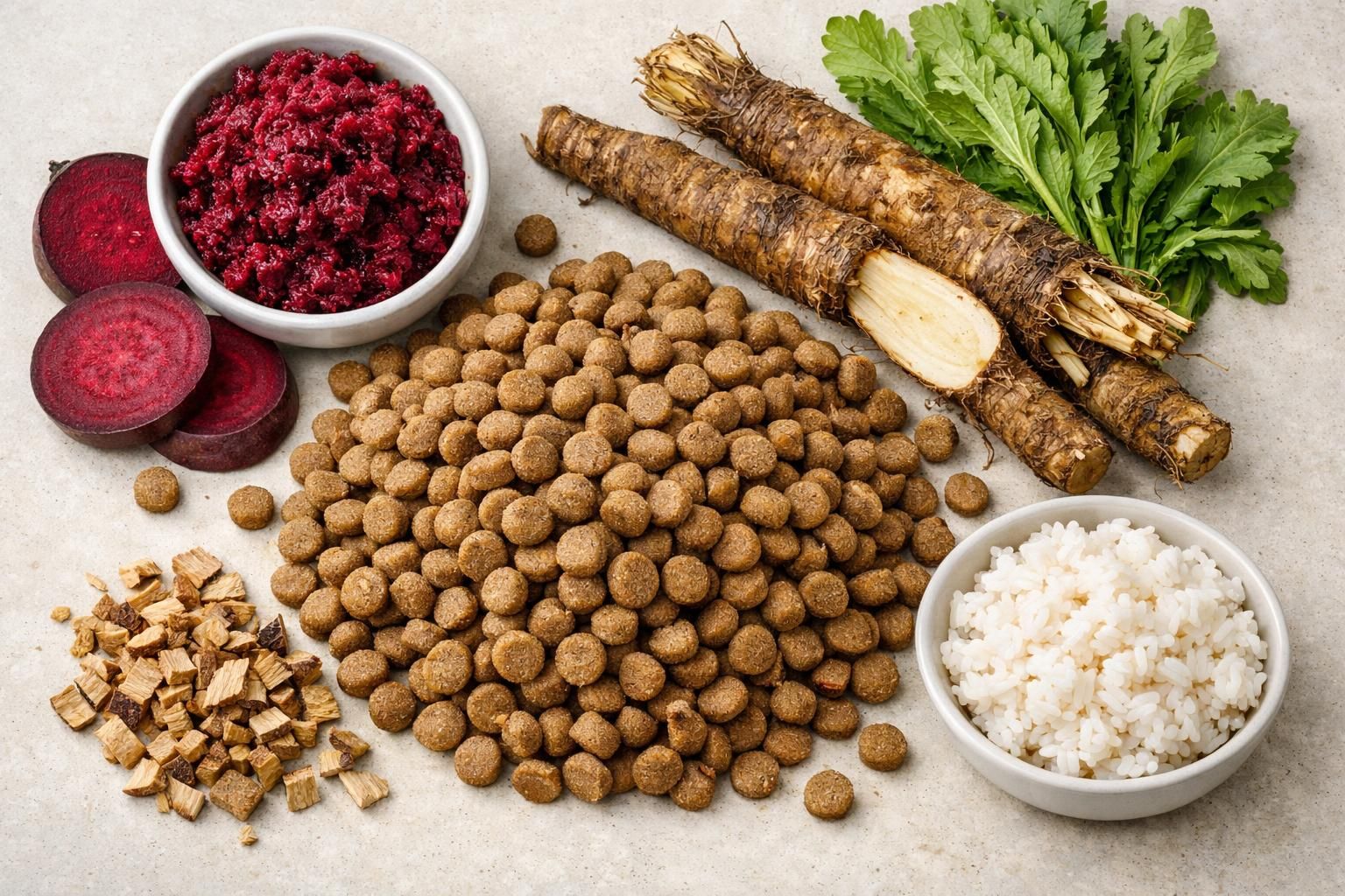 Gros plan de croquettes digestion sensible avec ingrédients riches en fibres et prébiotiques