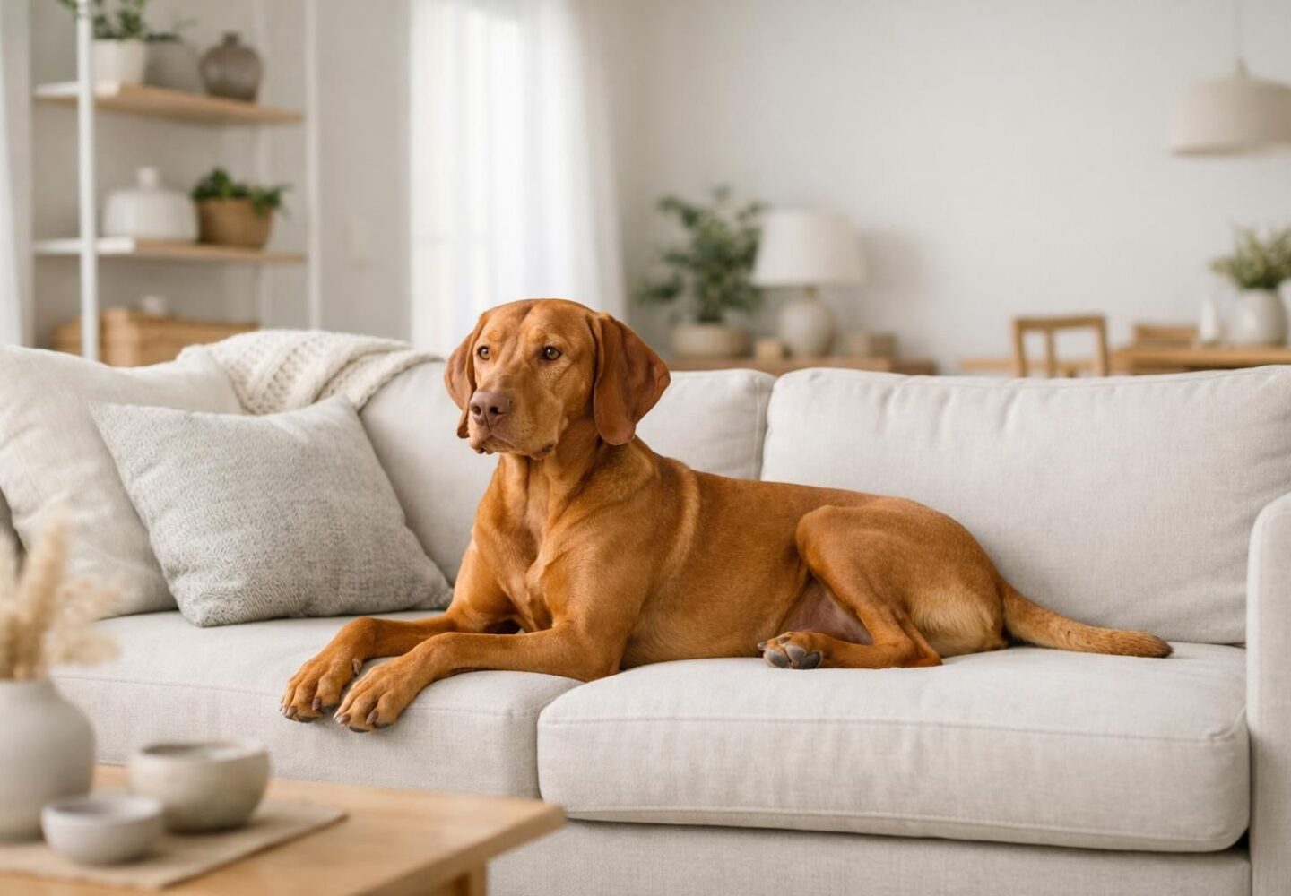 Chien en bonne santé détendu sur un canapé, digestion sereine