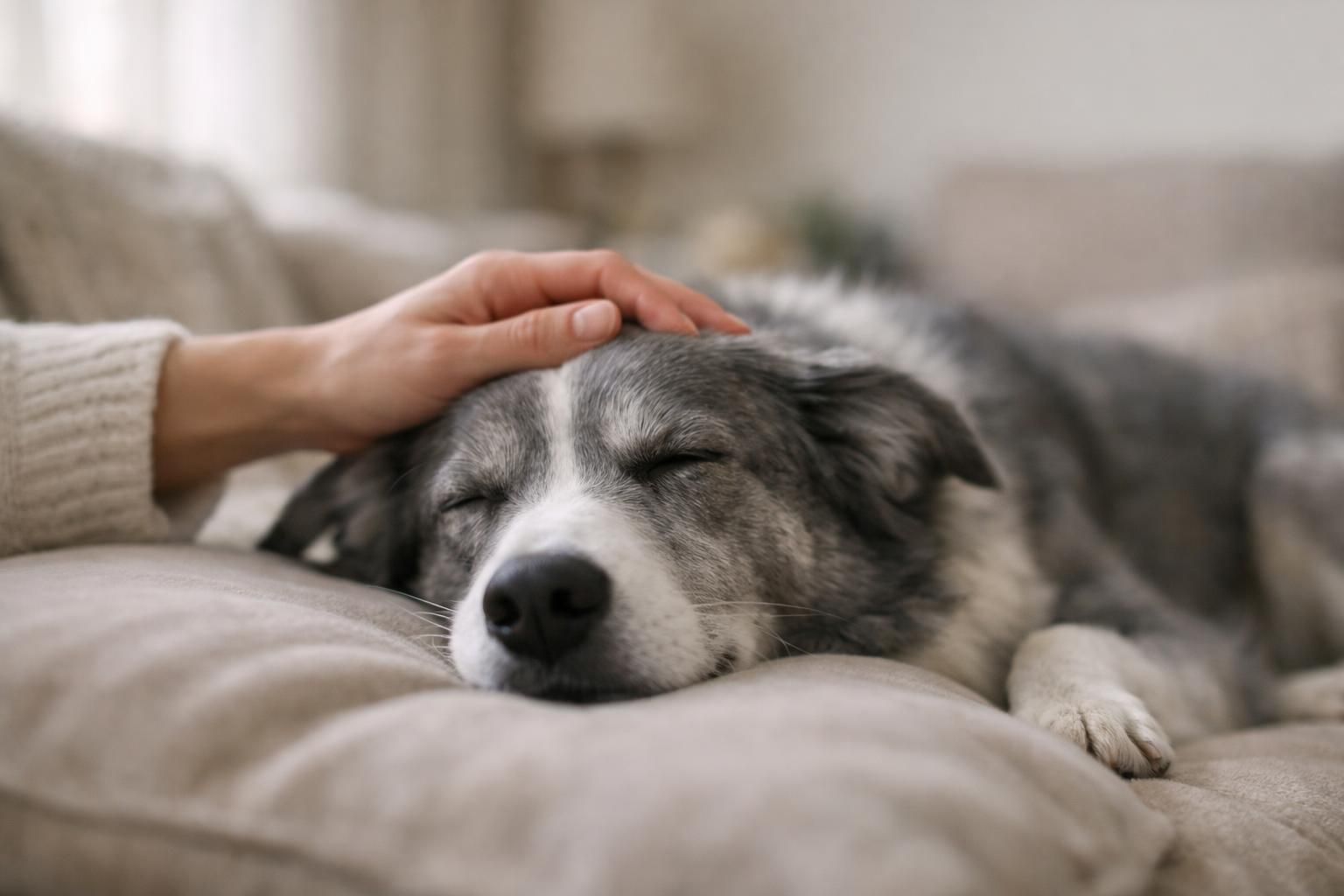 Chien adulte détendu et apaisé au repos dans un salon lumineux