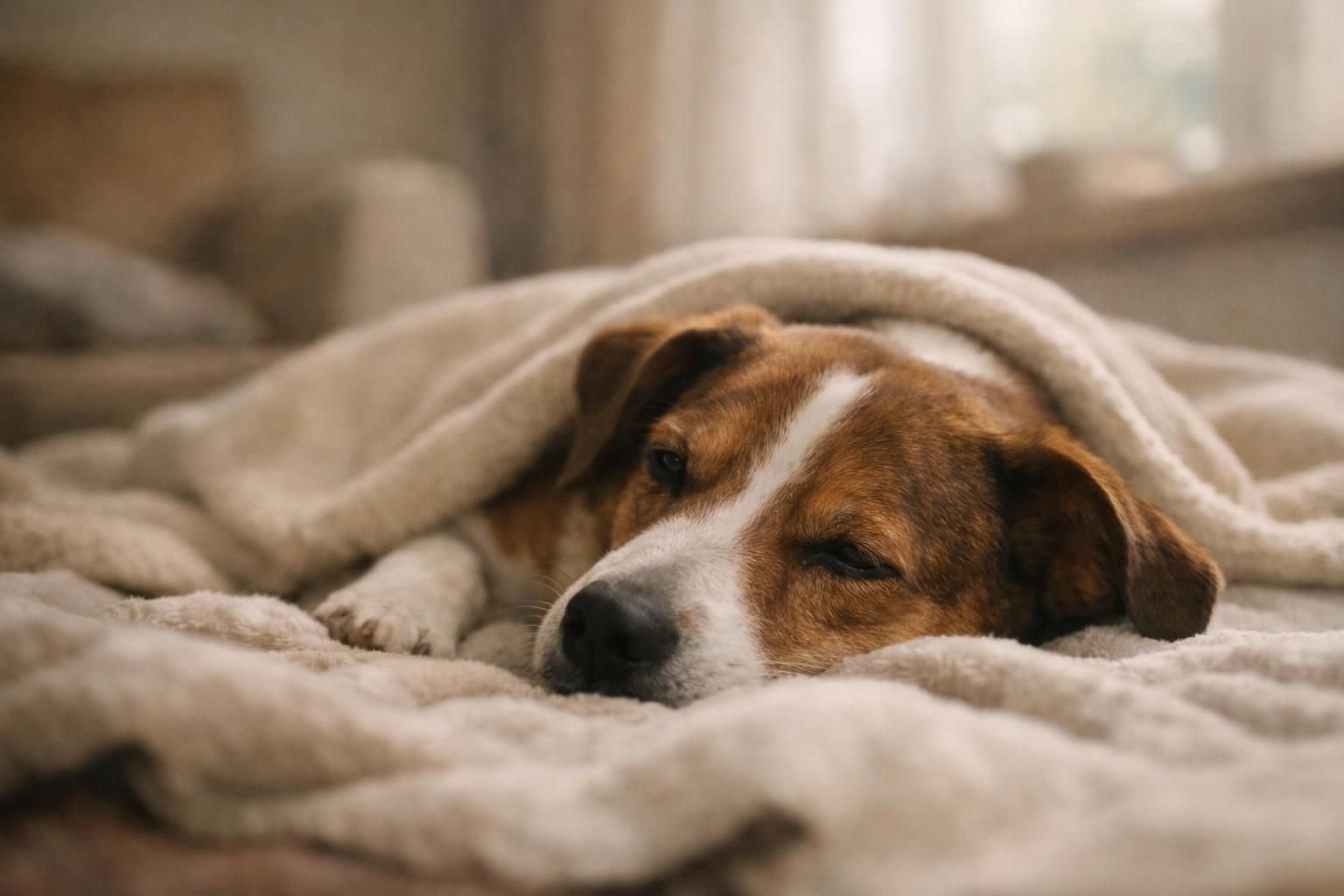 Chien calme en convalescence, allongé et détendu dans un intérieur apaisant