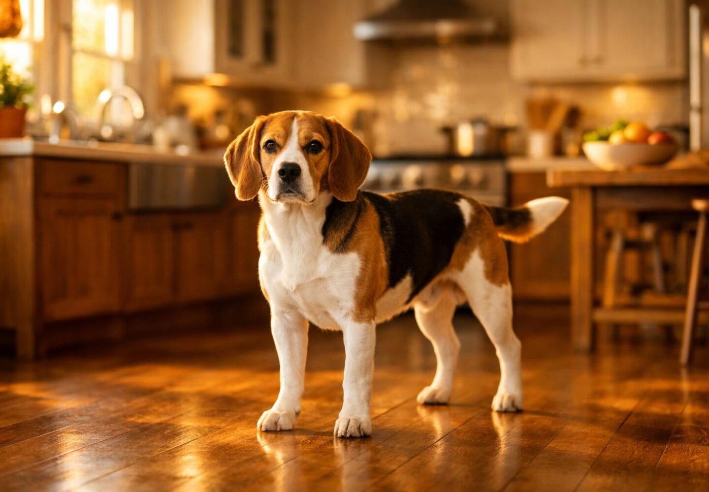 Chien beagle en bonne santé dans une cuisine lumineuse et chaleureuse