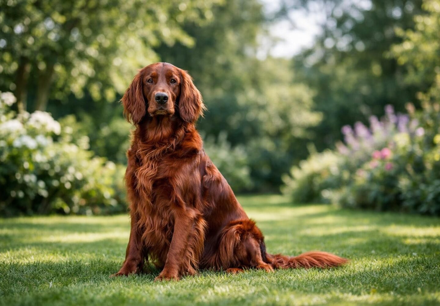 Chien au pelage roux brillant et sain assis dans un jardin