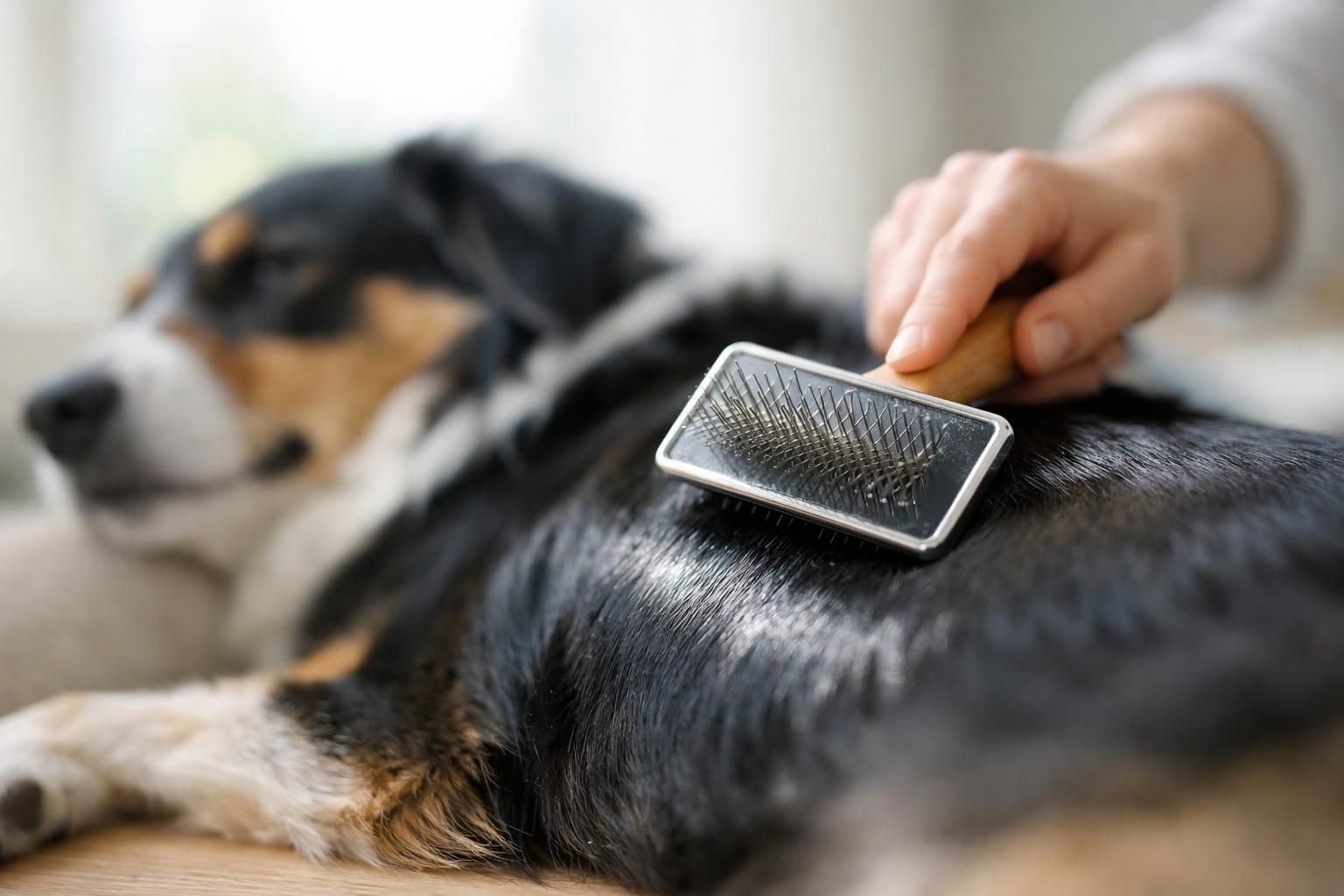 Chien au pelage brillant et sain brossé délicatement à la maison