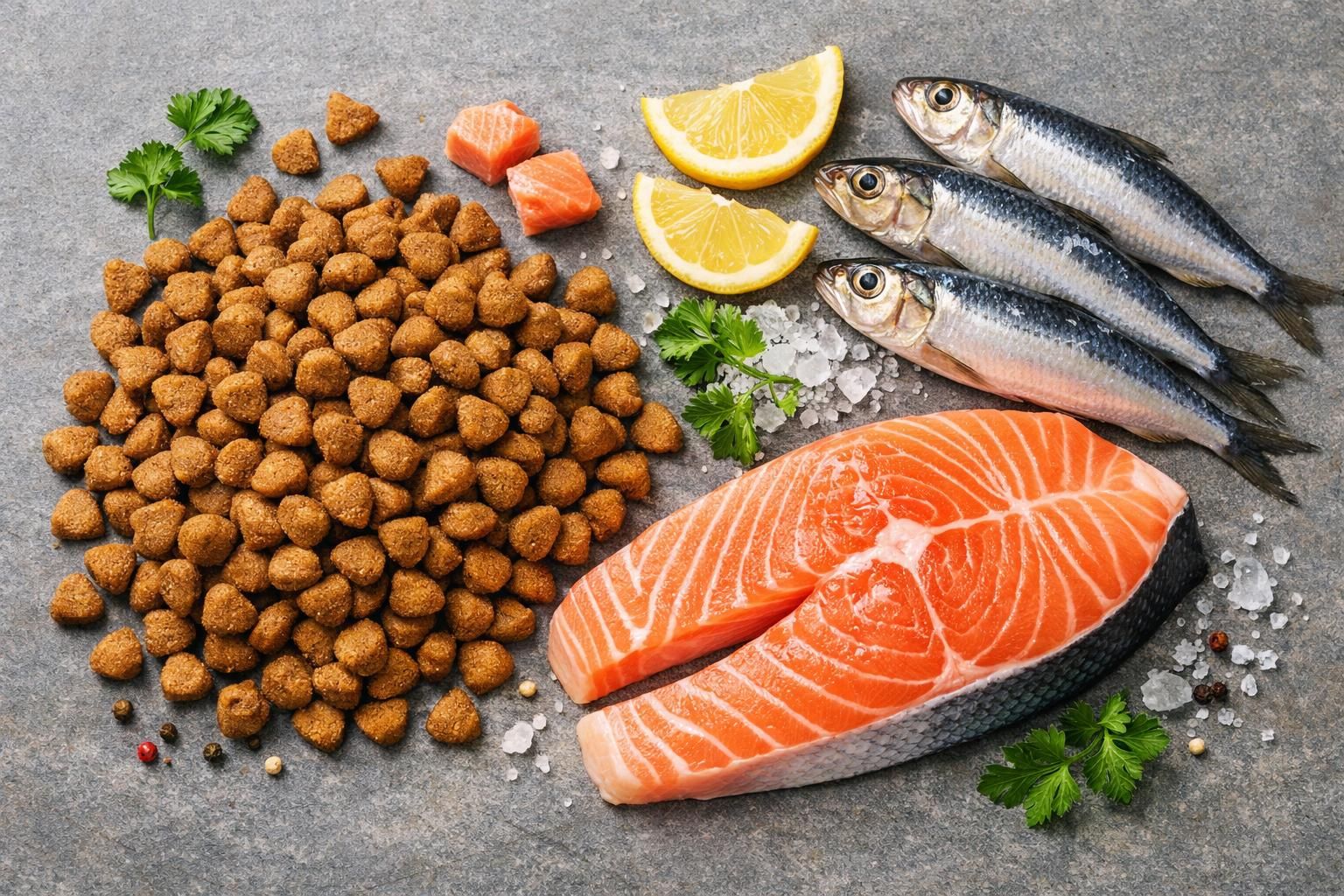 Croquettes au poisson pour chien riches en oméga-3, saumon et huile de poisson