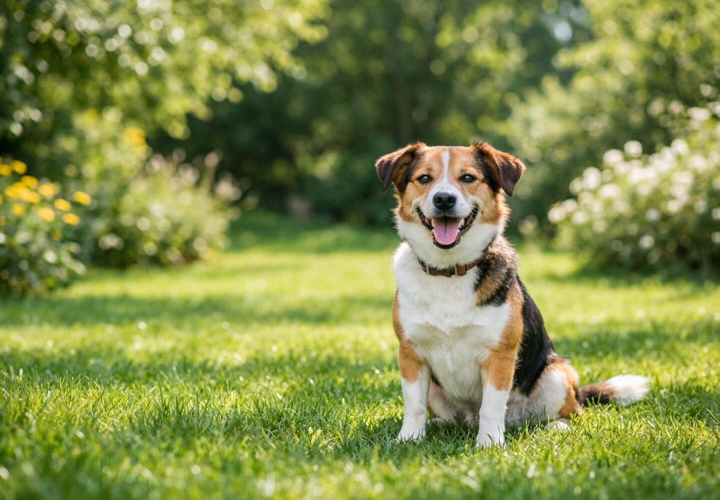 Chien en bonne santé dans un jardin après une alimentation sans céréales adaptée