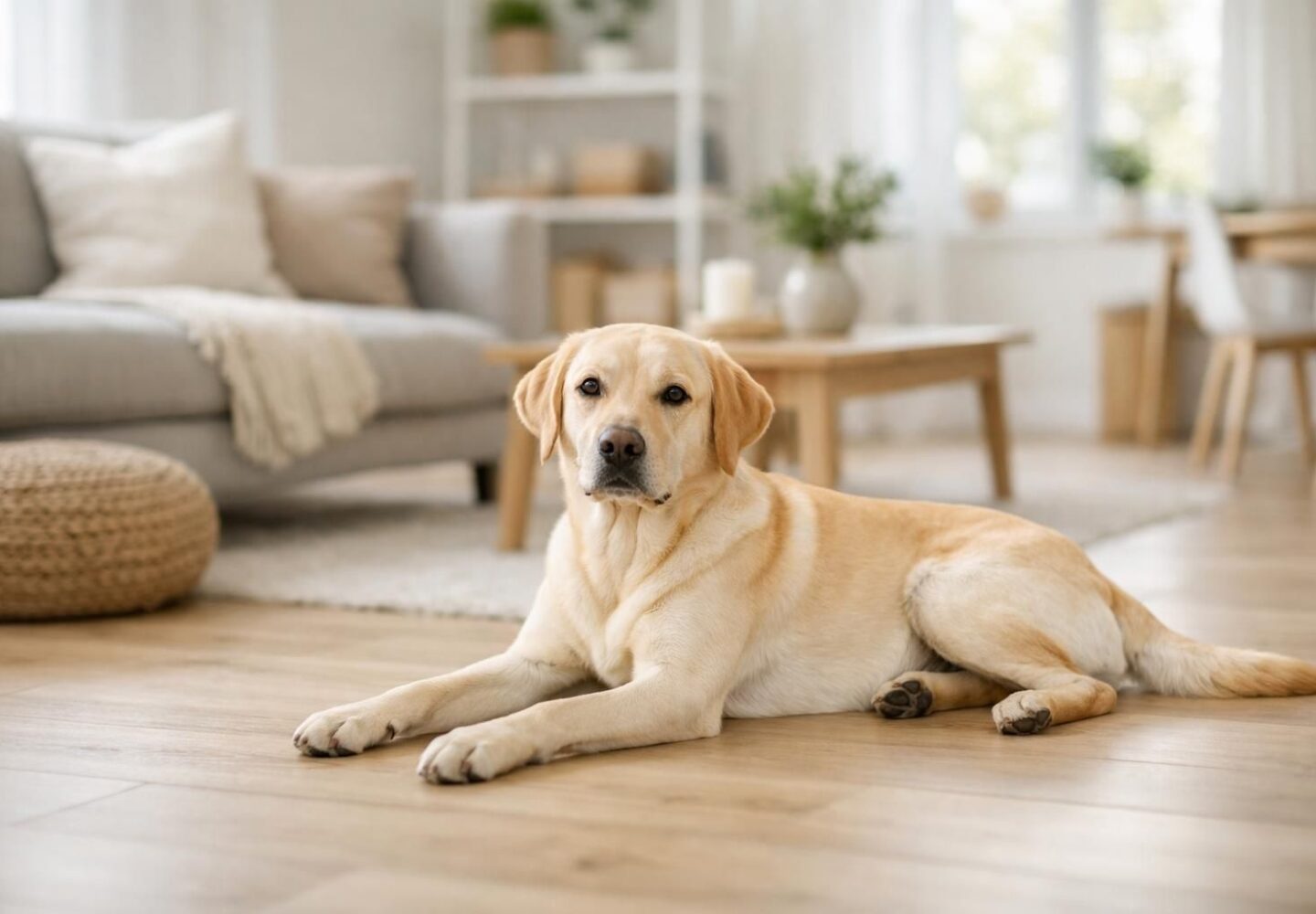 Chien stérilisé svelte et en forme au repos dans un salon lumineux