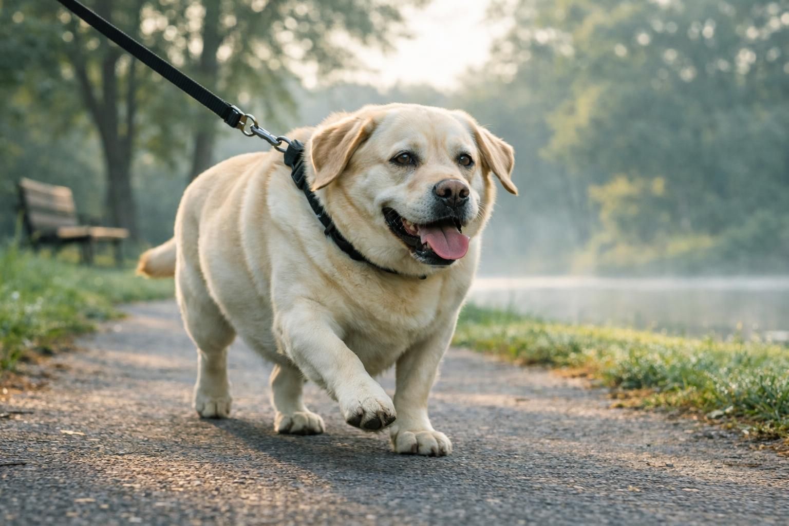 Chien en surpoids en balade active pour accompagner sa perte de poids