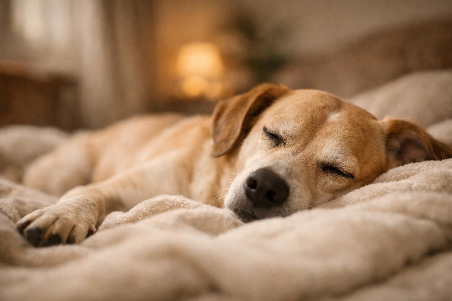 Chien apaisé au repos après un régime à protéine unique adapté