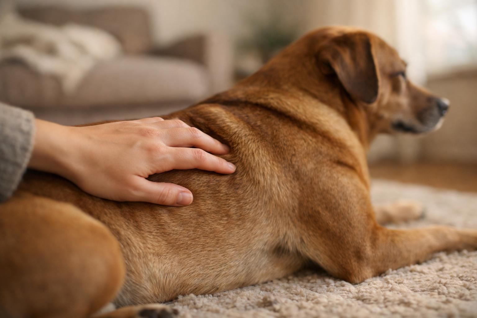 Main palpant les côtes d'un chien pour évaluer sa condition corporelle