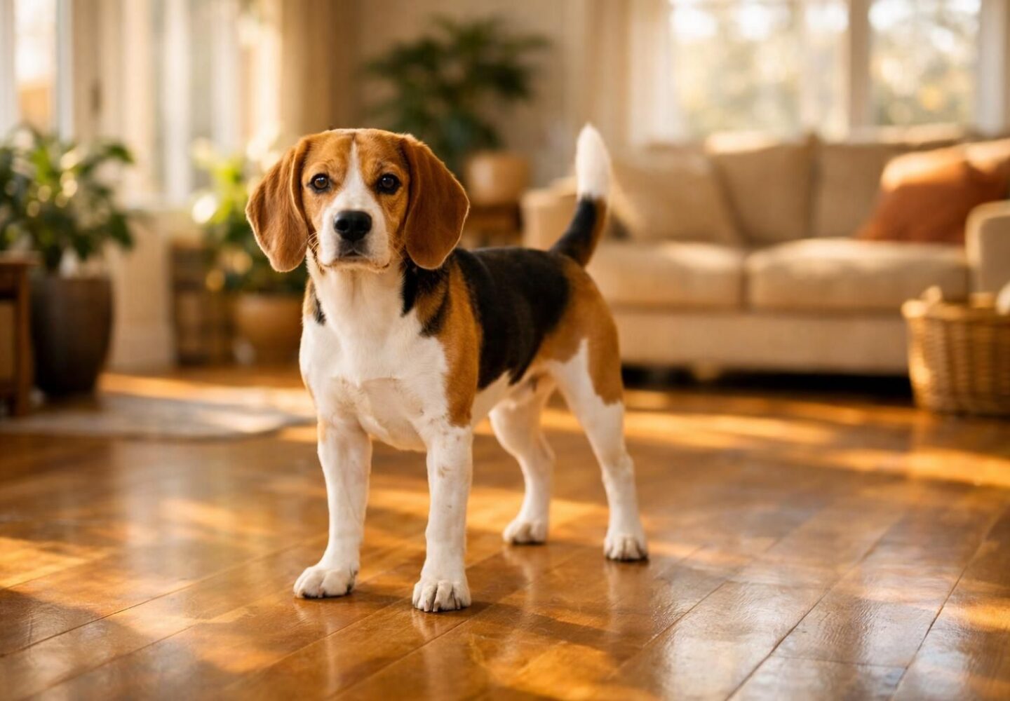 Chien à son poids de forme dans un salon lumineux