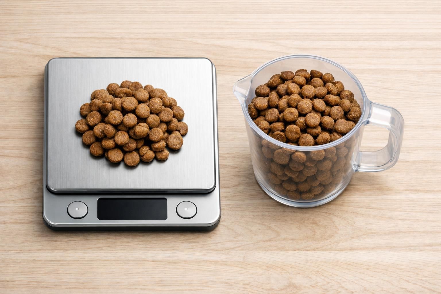 Portion de croquettes pesée sur une balance de cuisine pour un dosage précis