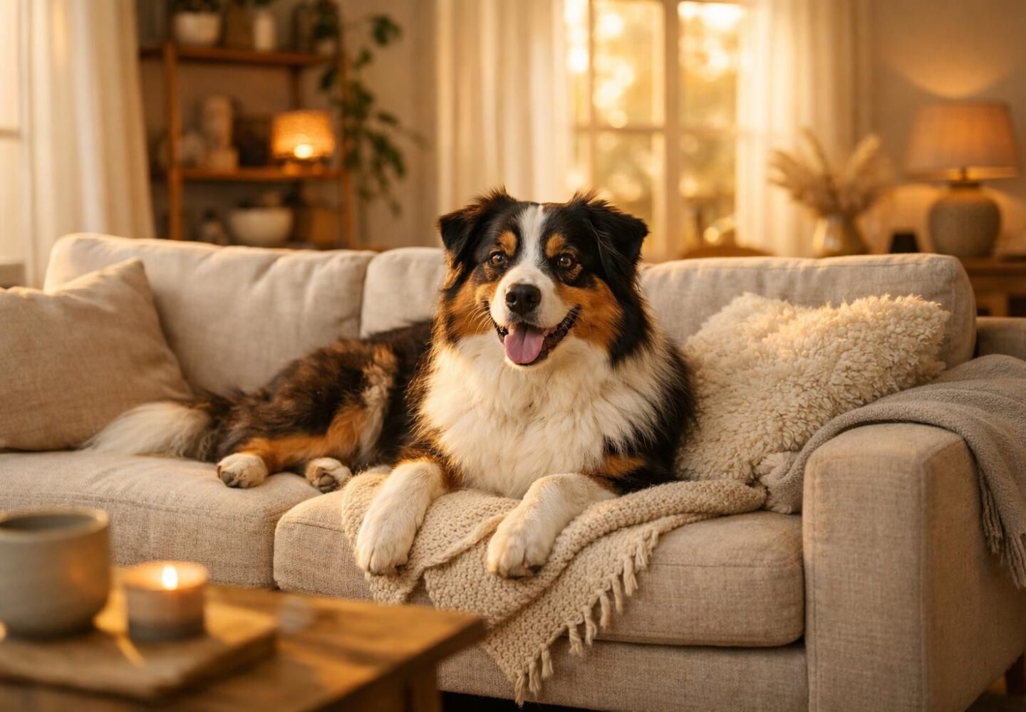 Chien en bonne santé détendu après une transition alimentaire réussie