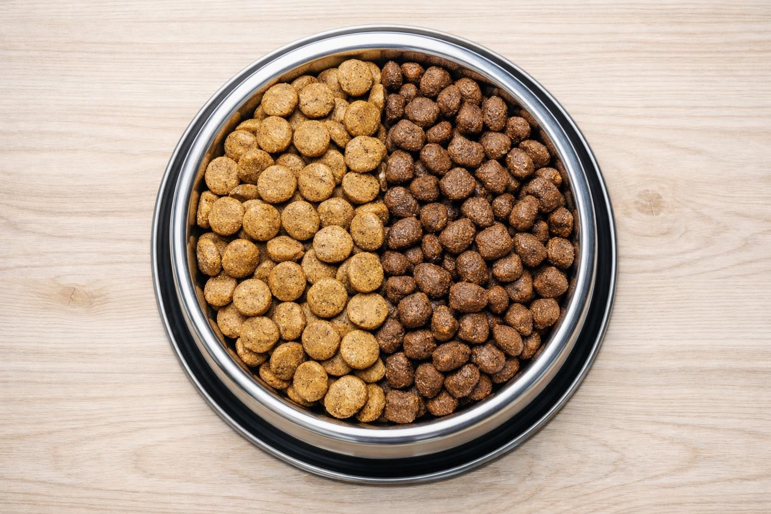 Mélange d'anciennes et de nouvelles croquettes dans une gamelle pour la transition