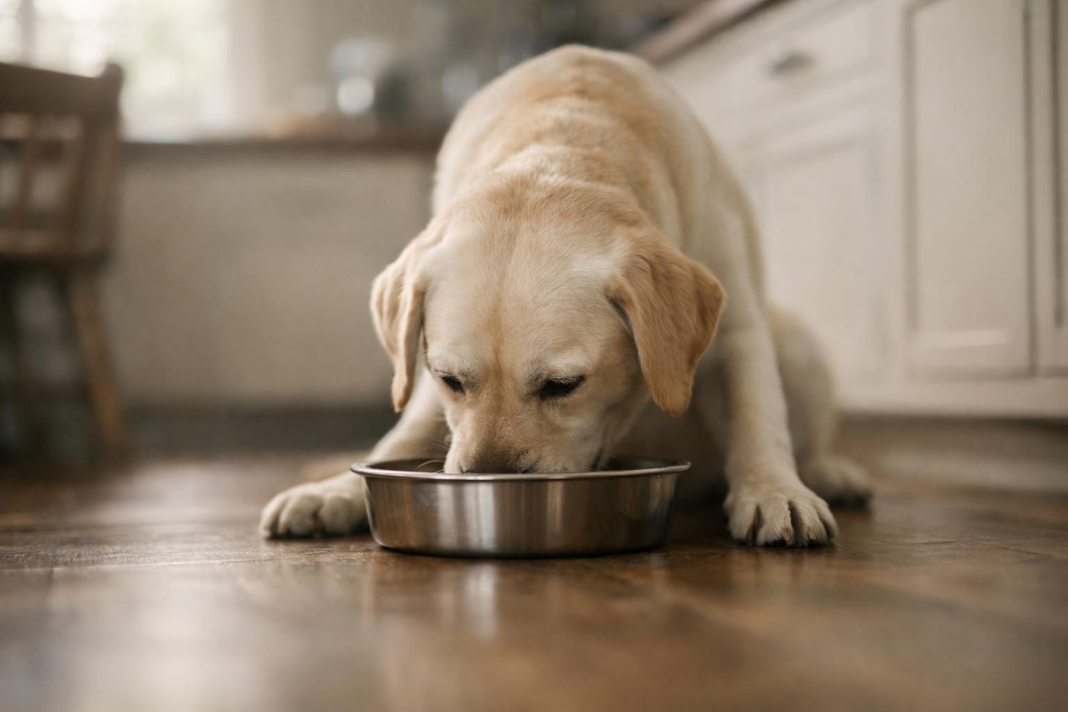 Chien mangeant sereinement ses nouvelles croquettes pendant la transition