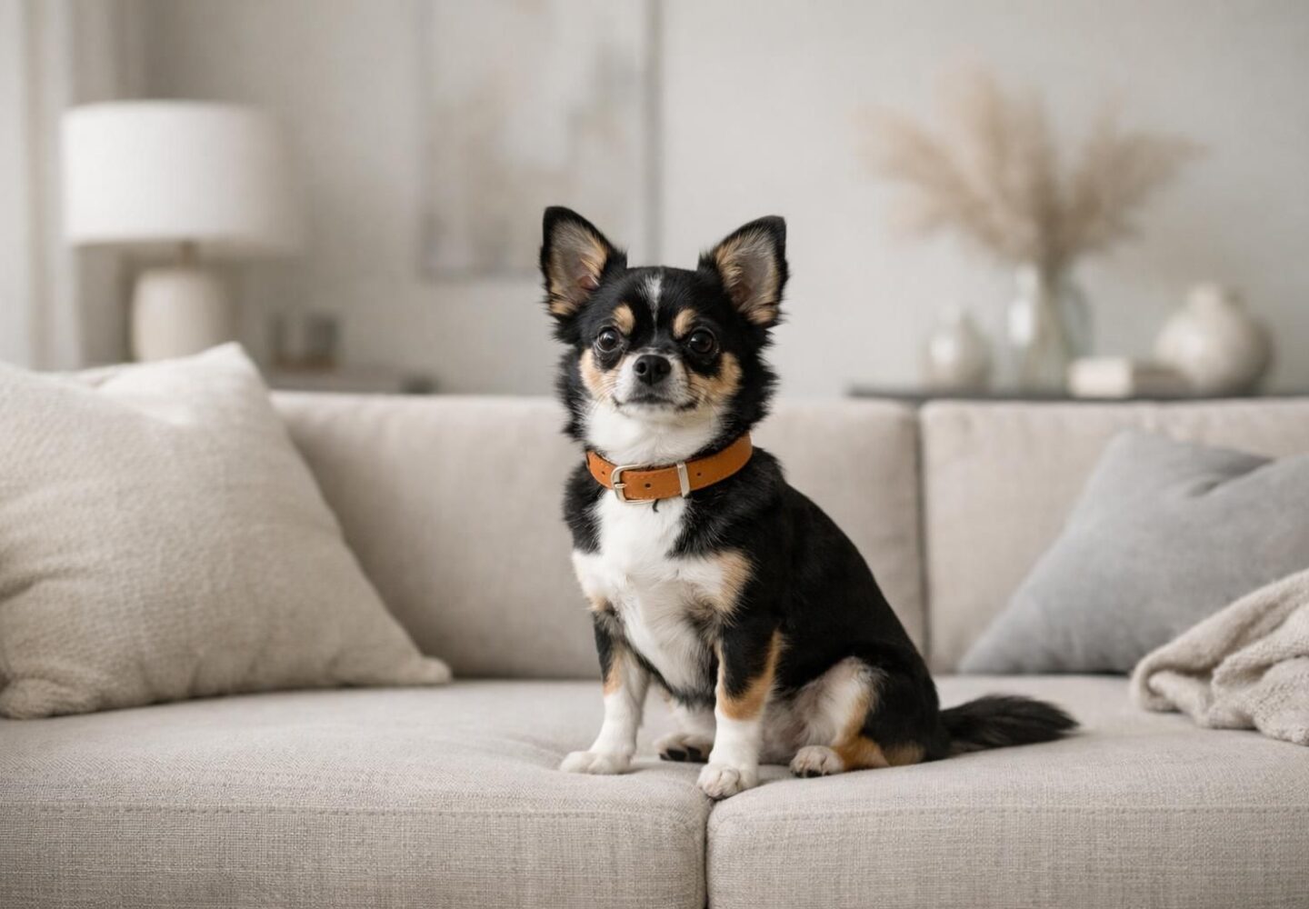 Chien élégant portant un collier en cuir sur un canapé design