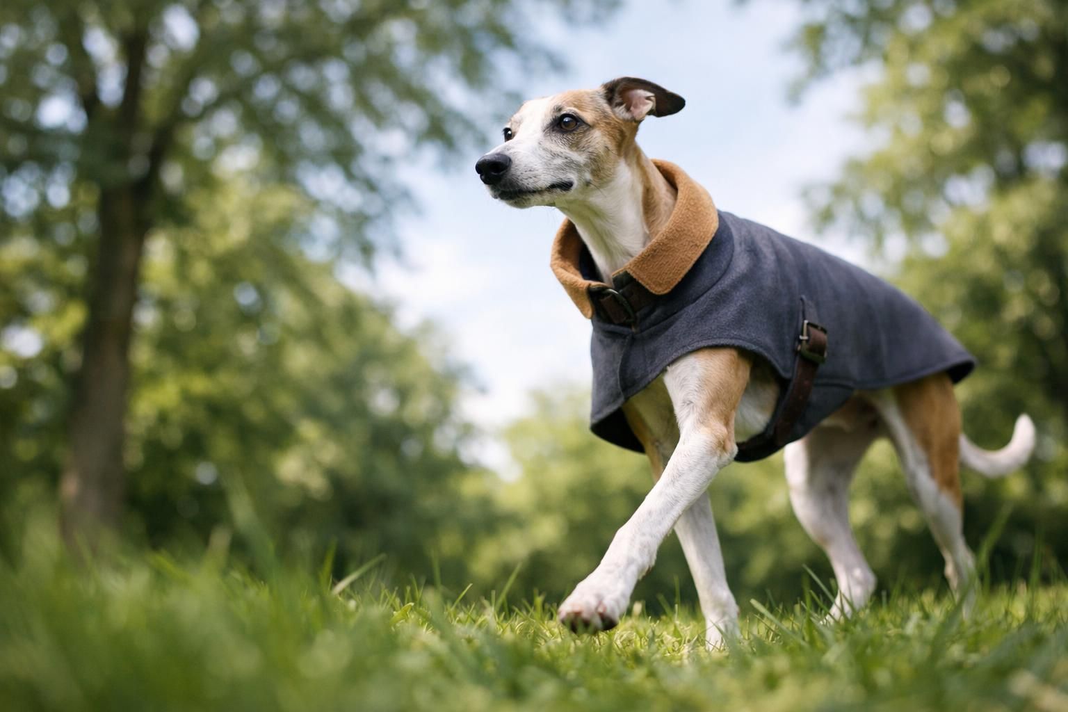 Lévrier élégant en manteau ajusté en promenade dans un parc