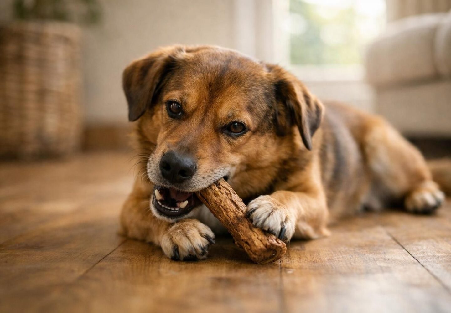 Chien qui mâche un bois d'olivier naturel, occupation à mâcher