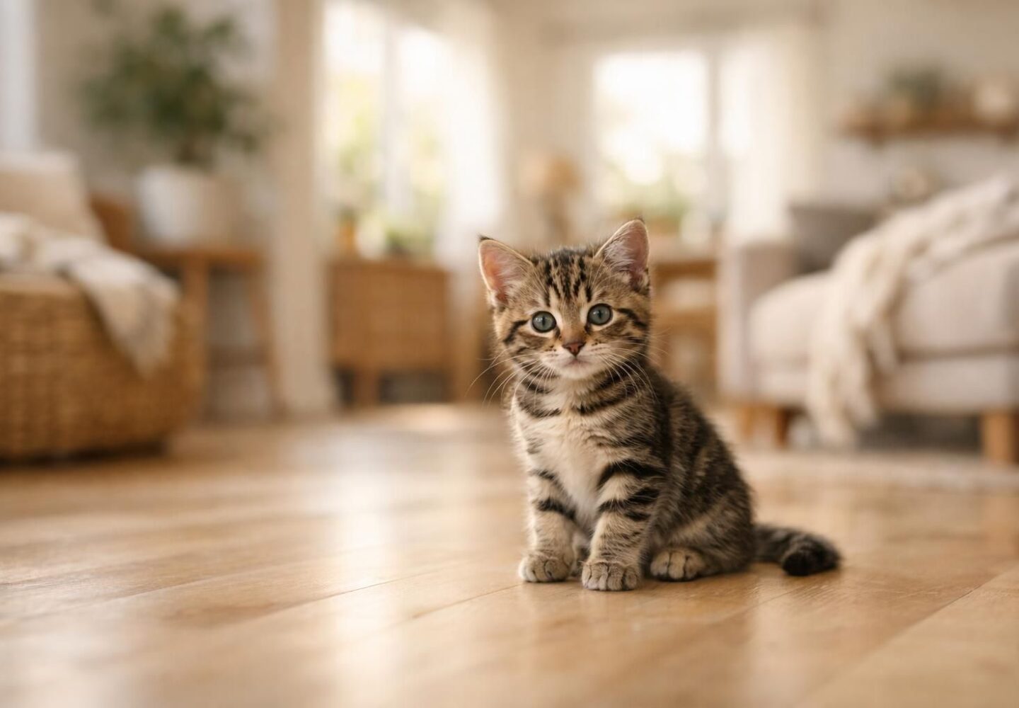 Jeune chaton tigré explorant le sol d'une maison lumineuse