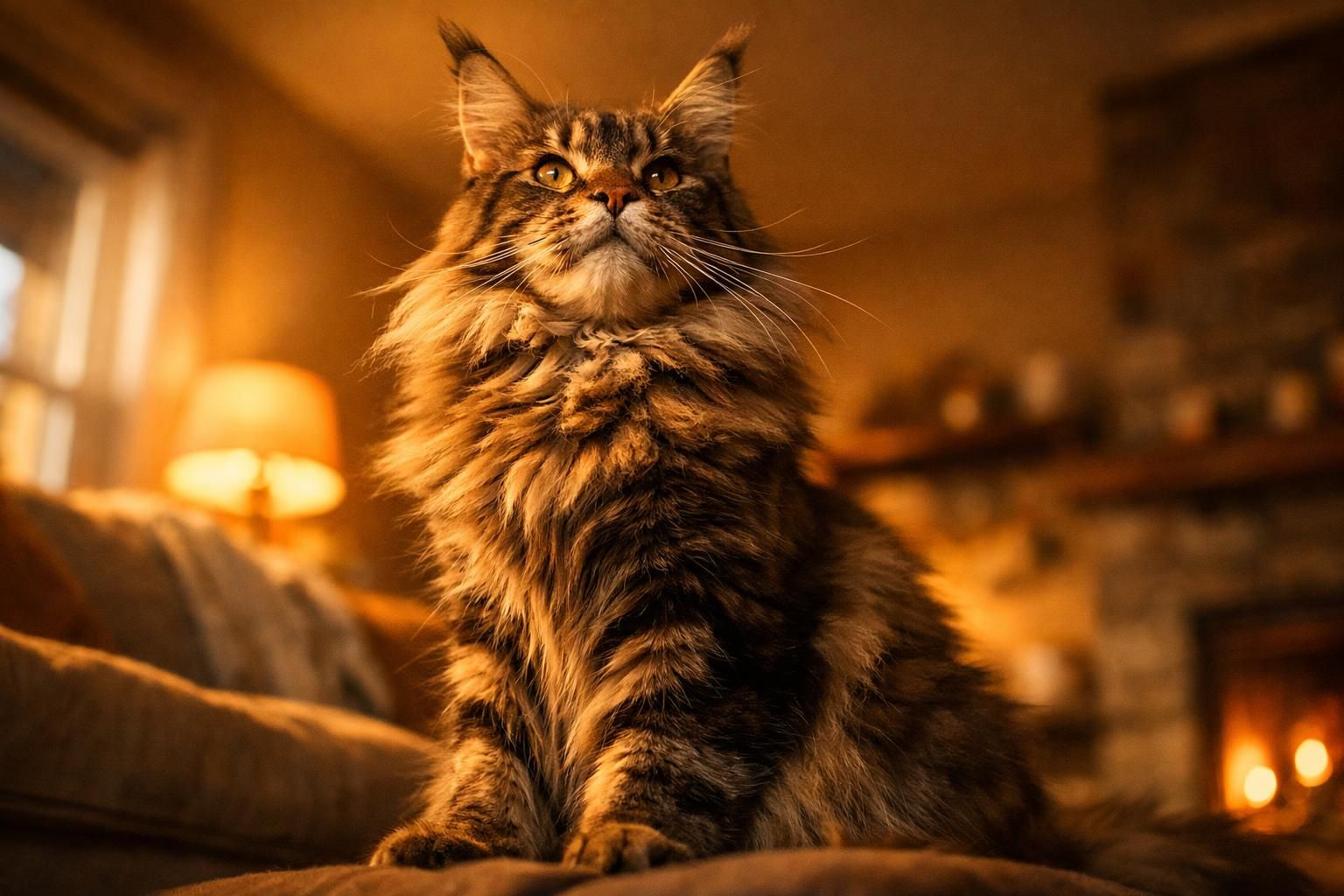 Jeune Maine Coon de grande race dans un salon chaleureux