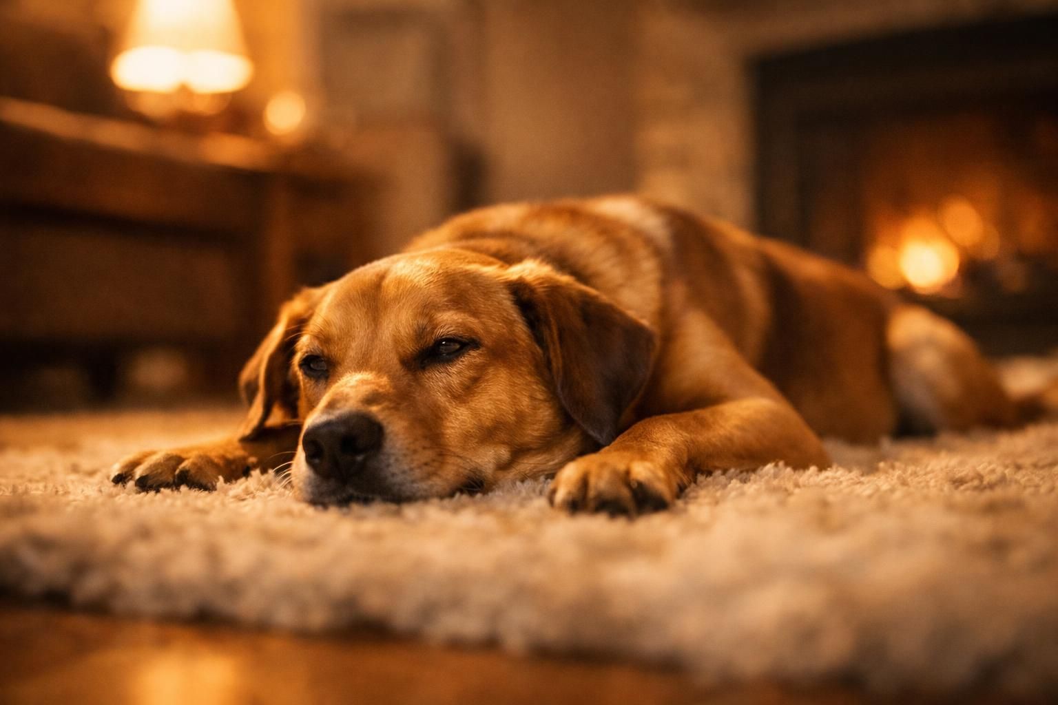 Chien au poil brillant allongé sereinement sur un tapis