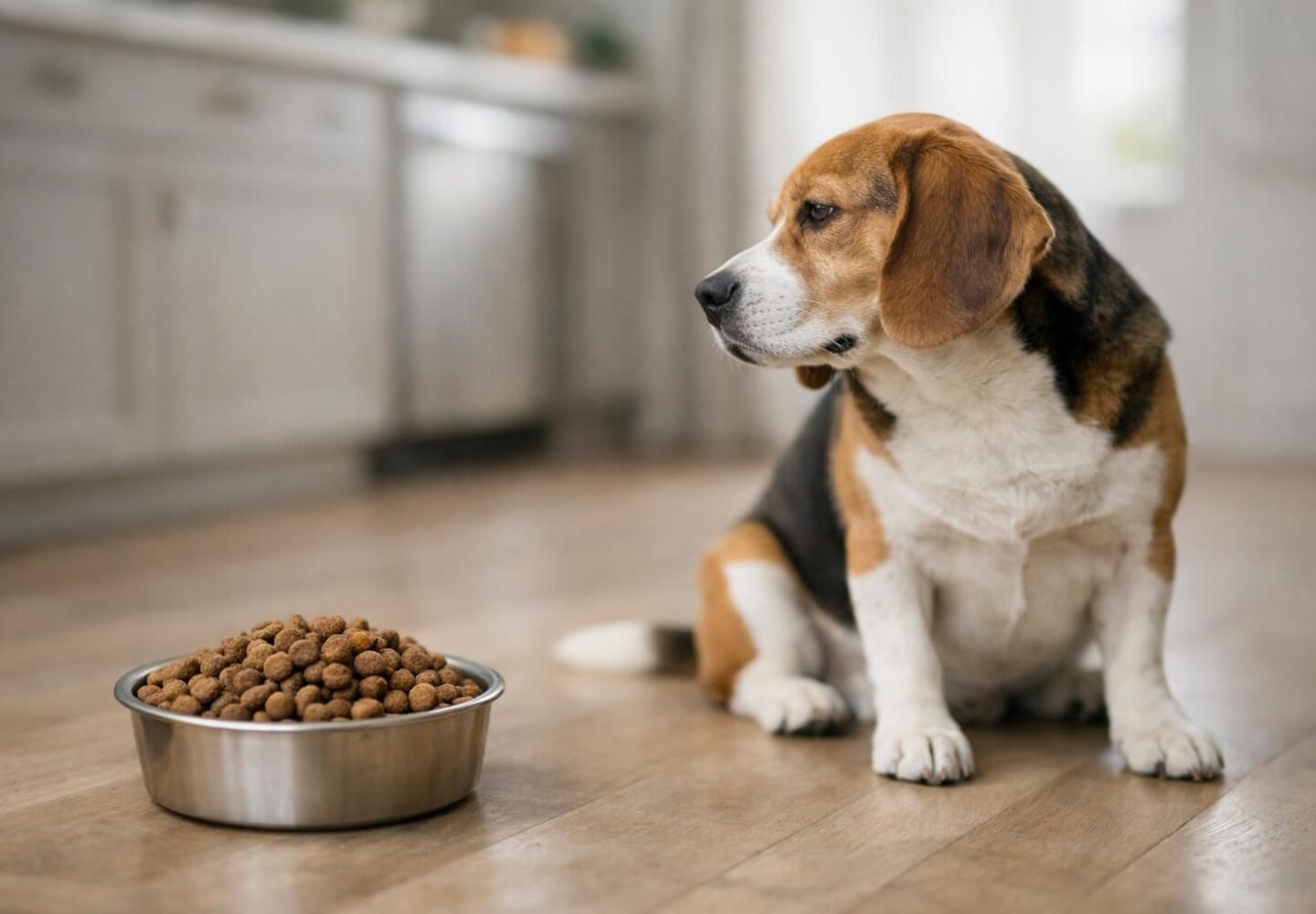 Chien détournant la tête de sa gamelle de croquettes pleine