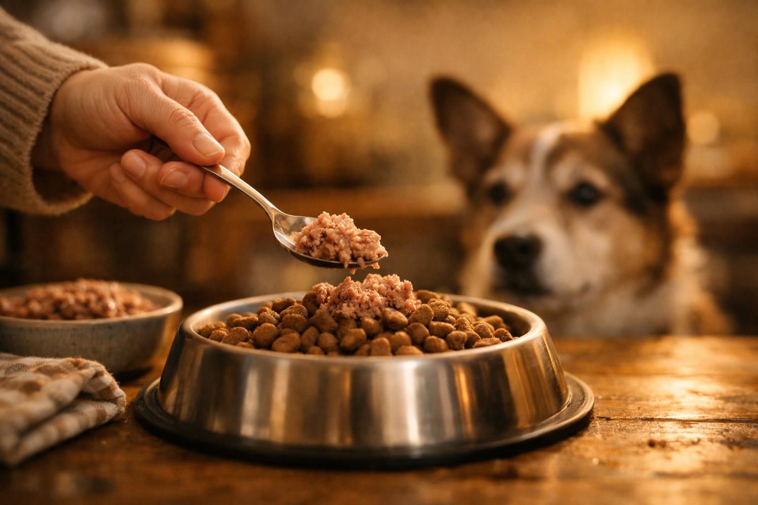 Ajout d'un peu de pâtée sur des croquettes pour stimuler l'appétit du chien