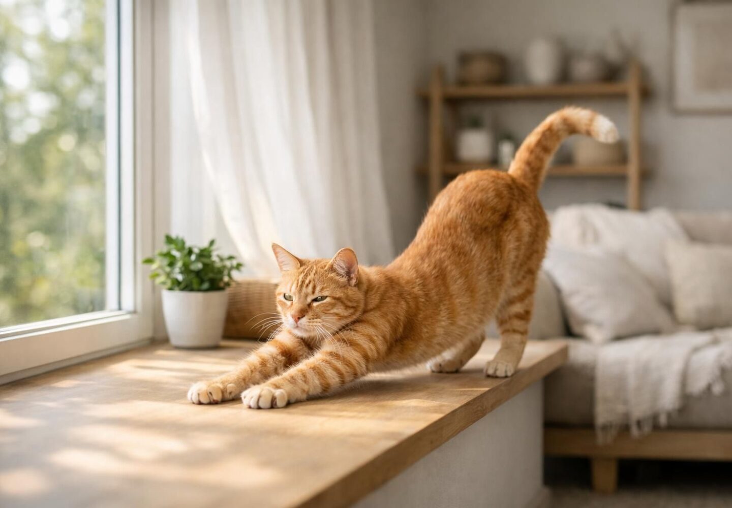 Chat roux mince et en forme qui s'étire près d'une fenêtre ensoleillée