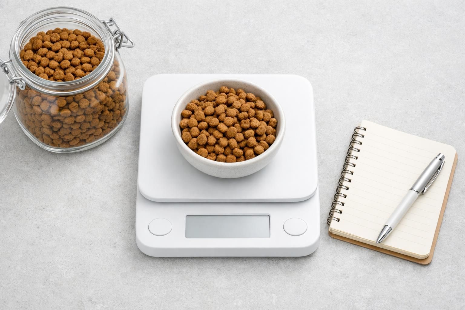 Ration de croquettes pour chat pesée sur une balance de cuisine