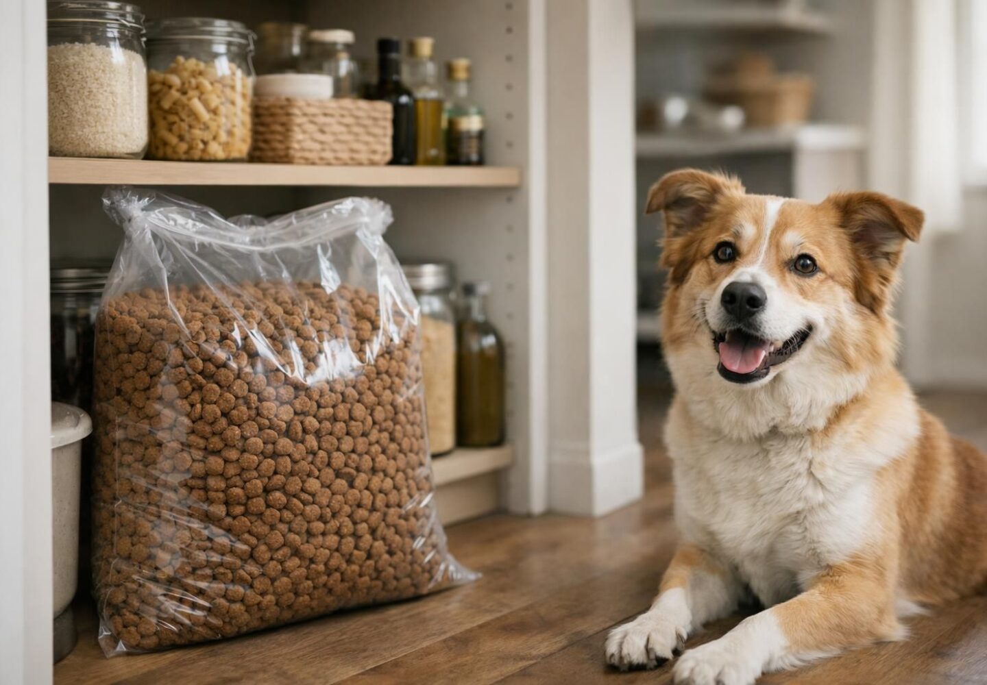 Sac de croquettes pour chien rangé dans un placard frais et sec