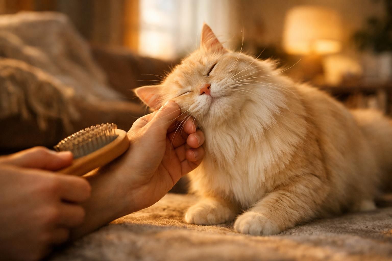 Chat au pelage sain et brillant brossé délicatement à la maison