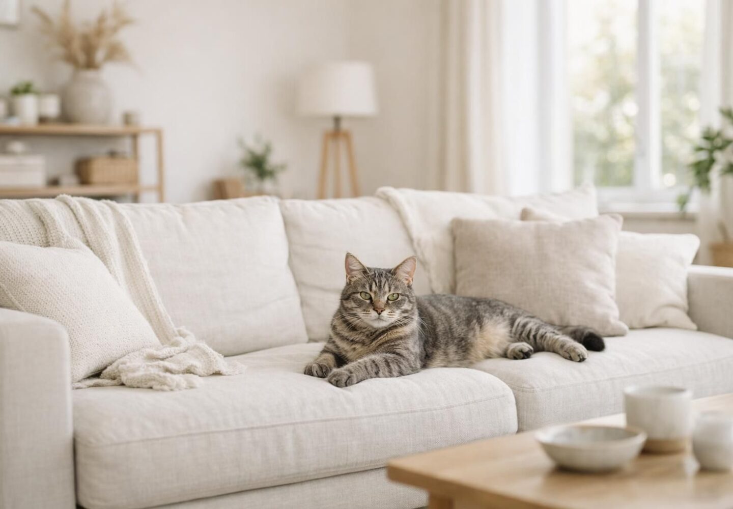 Chat tigré gris en bonne santé détendu dans un salon lumineux