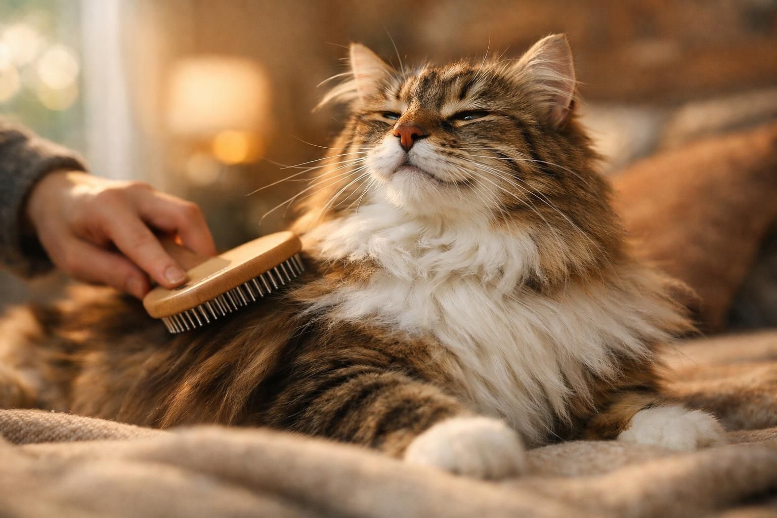 Chat à poils longs brossé délicatement pour retirer les poils morts