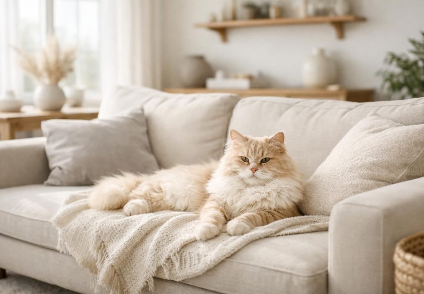 Chat à poils longs crème détendu sur un canapé lumineux
