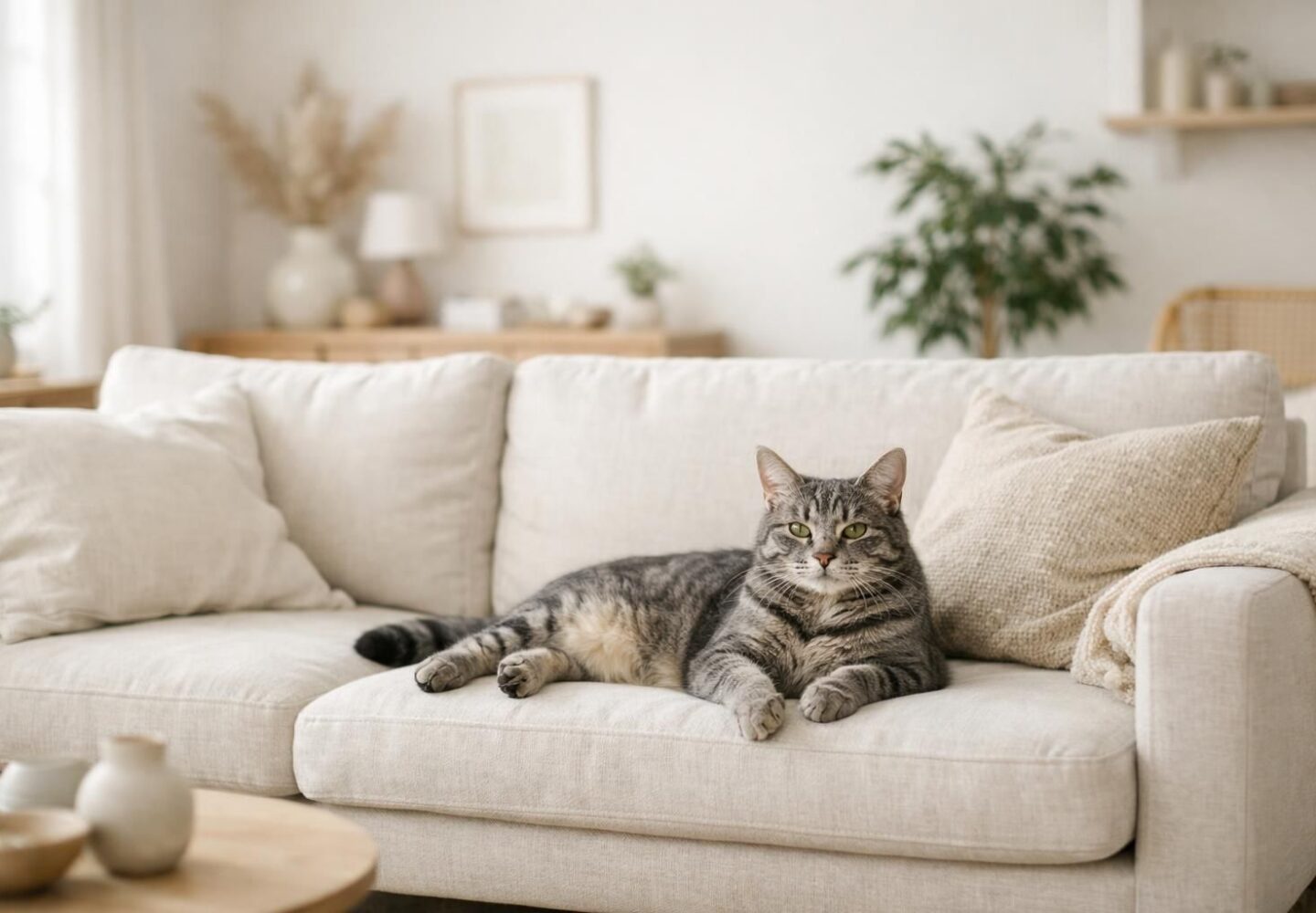 Chat tigré gris détendu au repos dans un salon lumineux