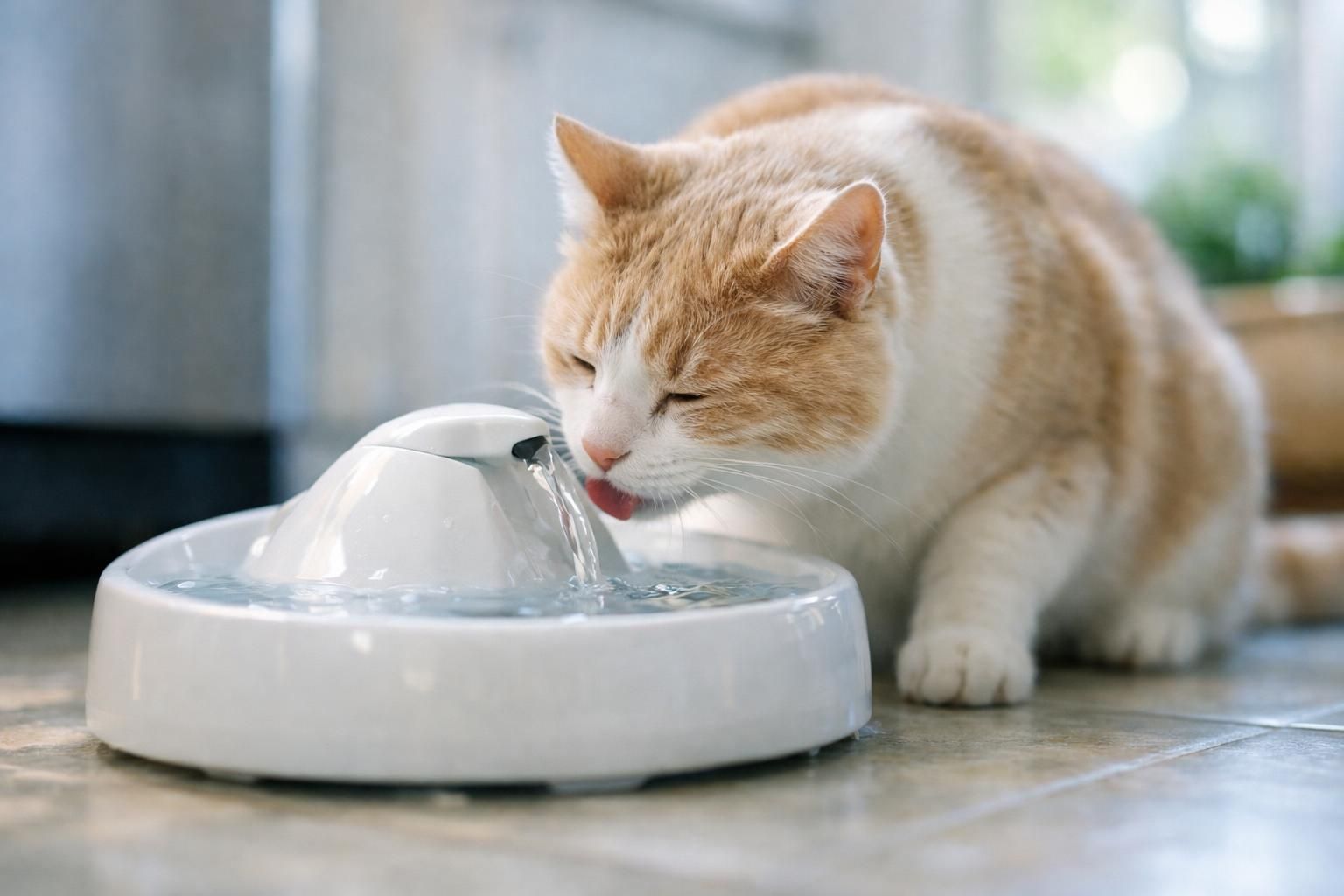 Chat crème buvant de l'eau fraîche à une fontaine