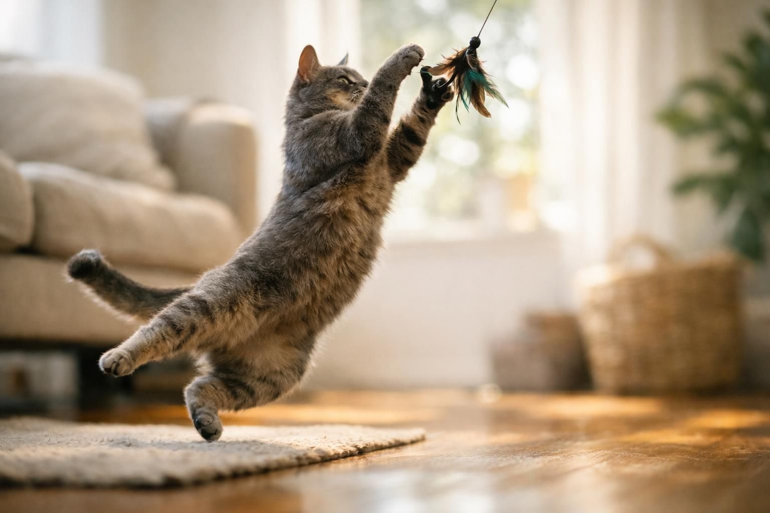 Chat gris qui joue avec une canne à plumes dans un salon lumineux