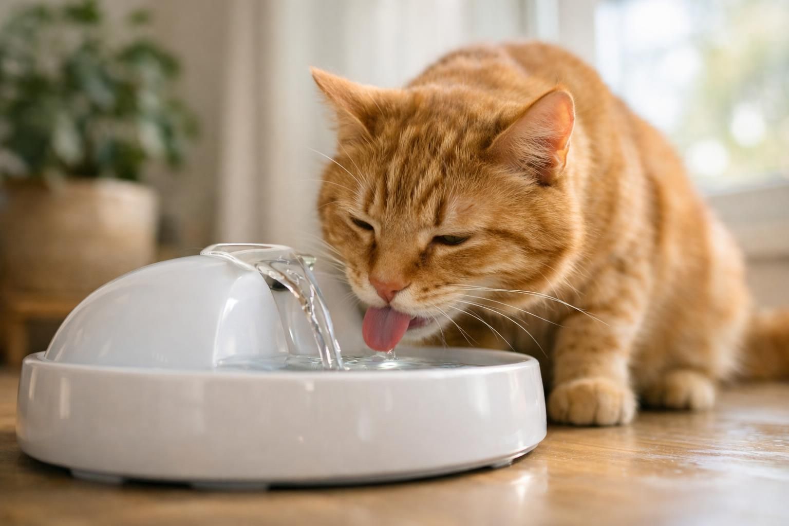 Chat roux qui boit à une fontaine à eau dans un intérieur clair