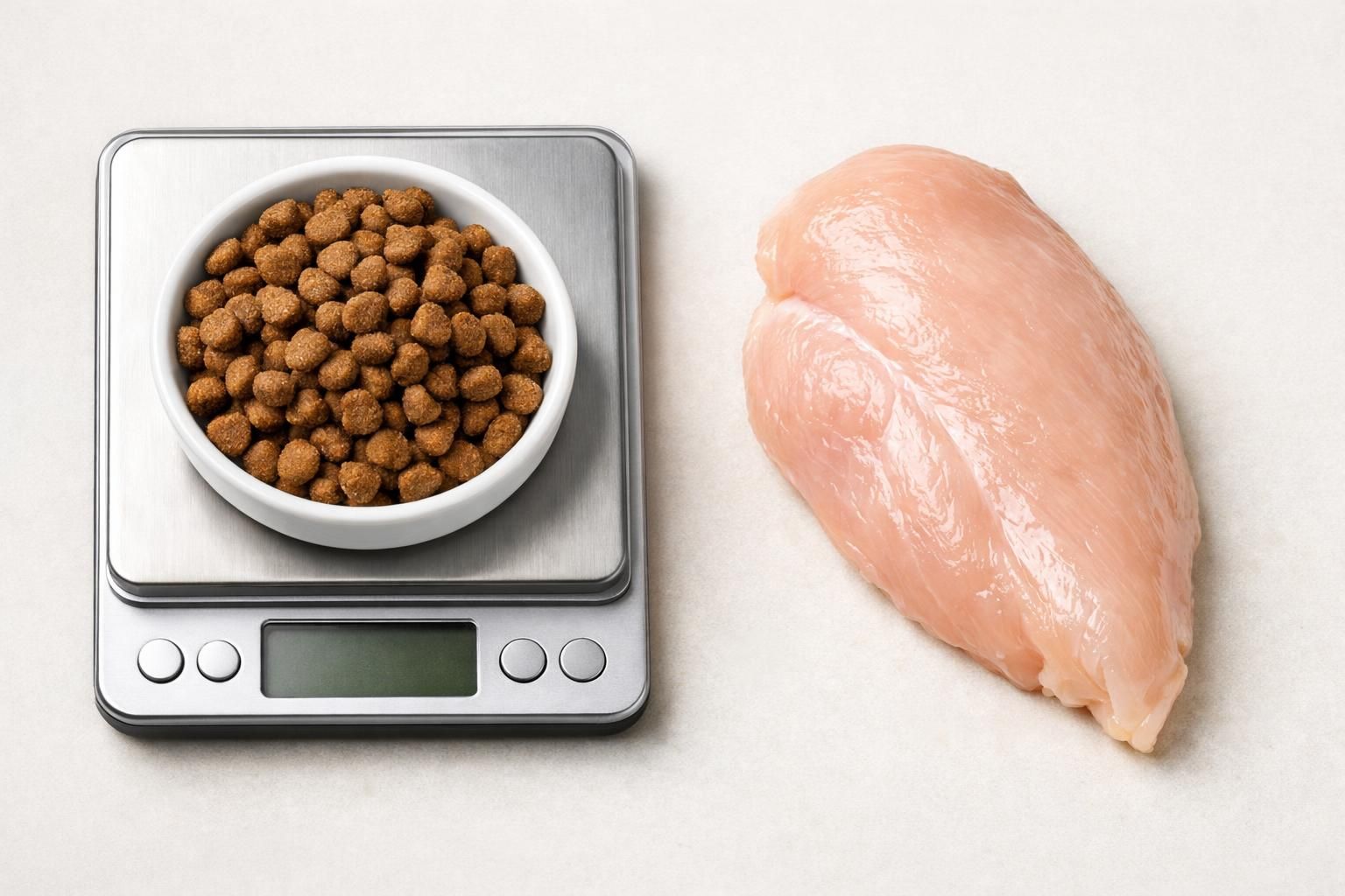 Ration de croquettes pour chat d'intérieur pesée sur une balance de cuisine