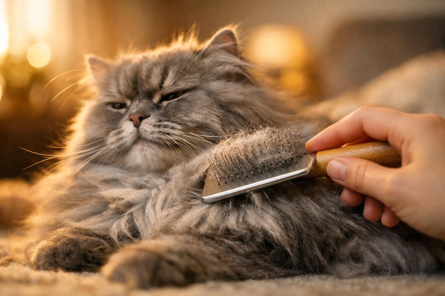Brossage quotidien d'un chat persan gris au poil long dense