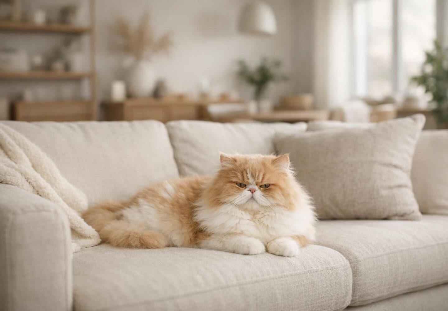 Chat persan crème au pelage long allongé sur un canapé