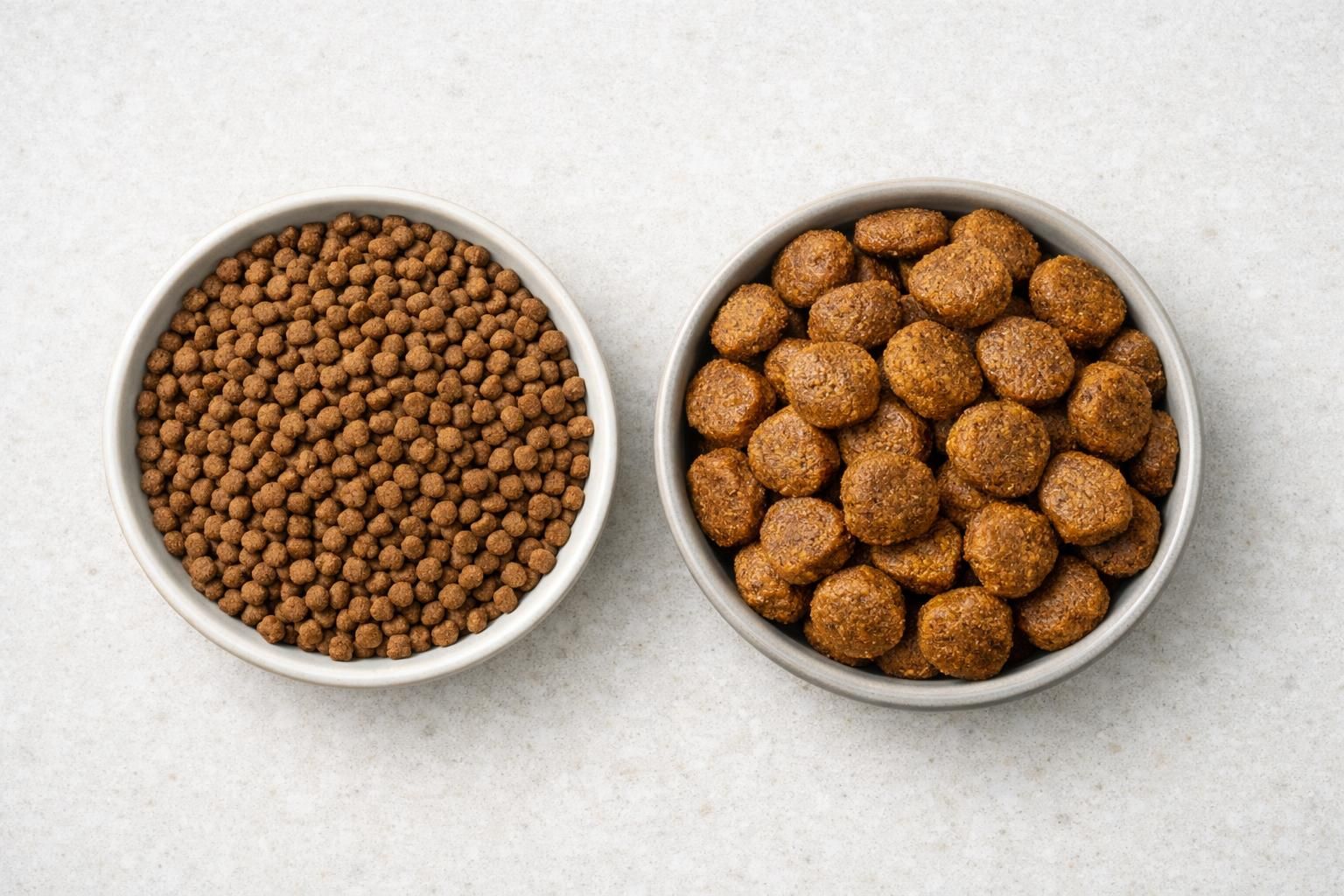 Comparaison entre des croquettes pour chat et des croquettes pour chien dans deux gamelles