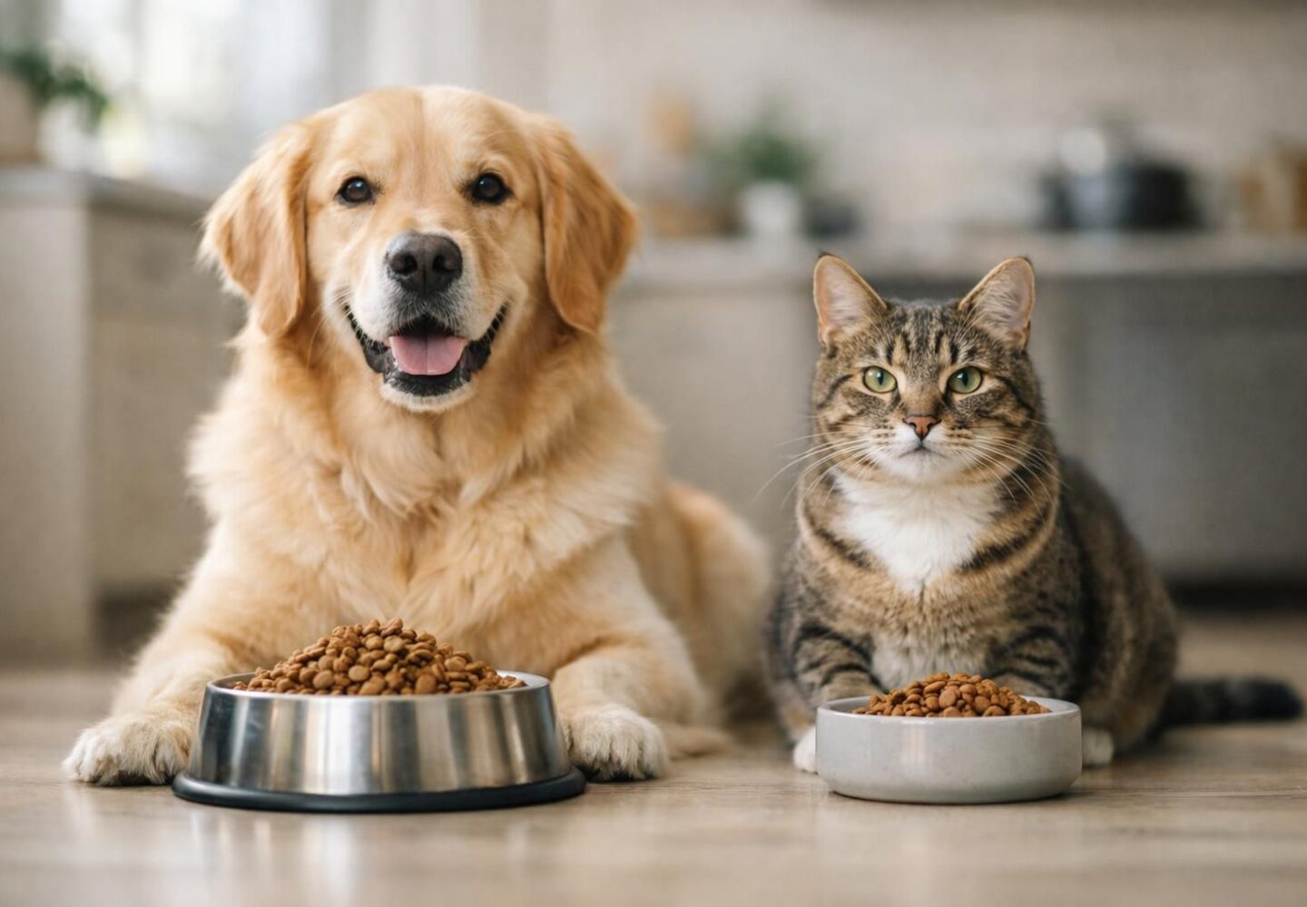 Un chien et un chat près de leurs gamelles séparées
