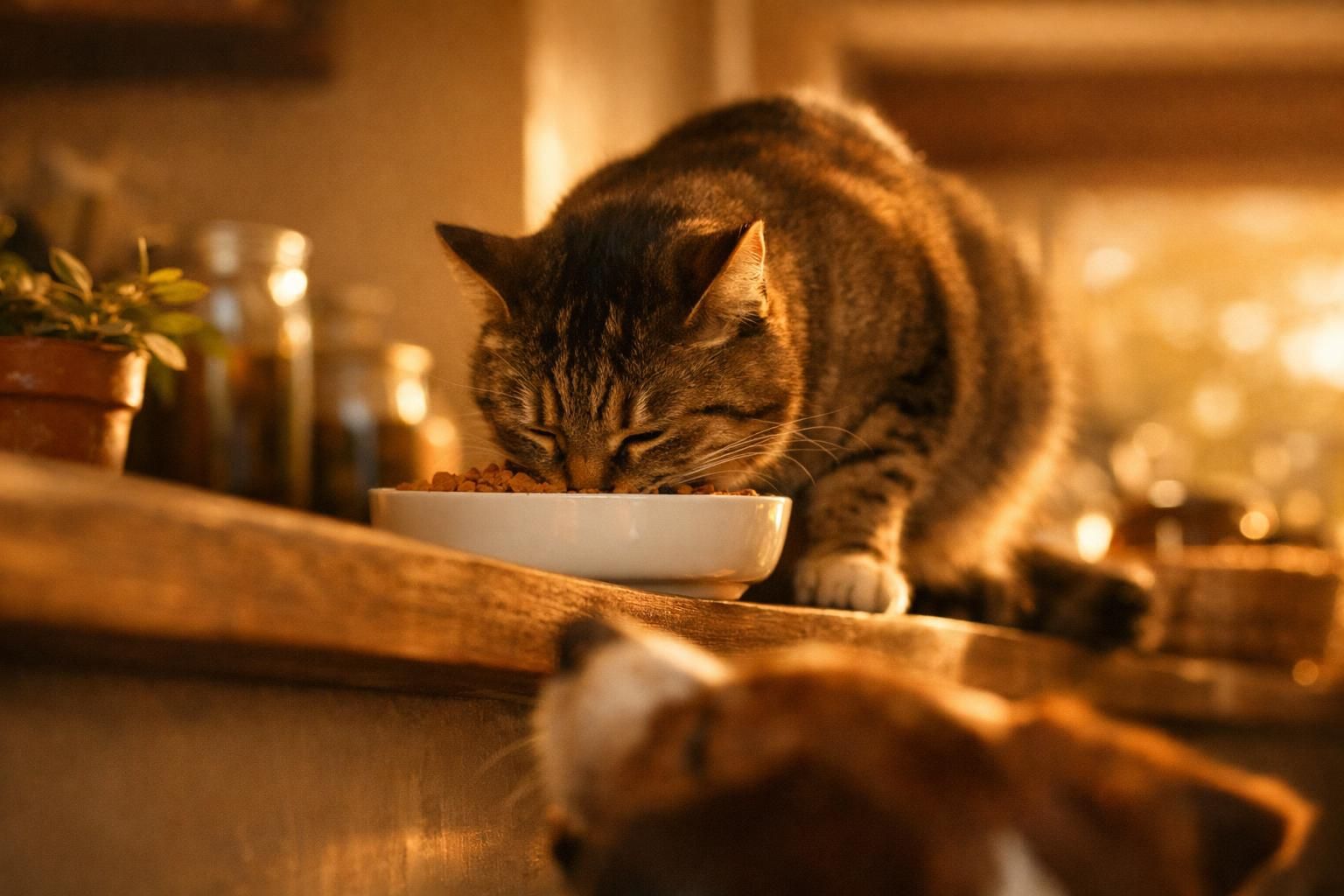 Chat mangeant ses croquettes sur une surface en hauteur hors de portée du chien