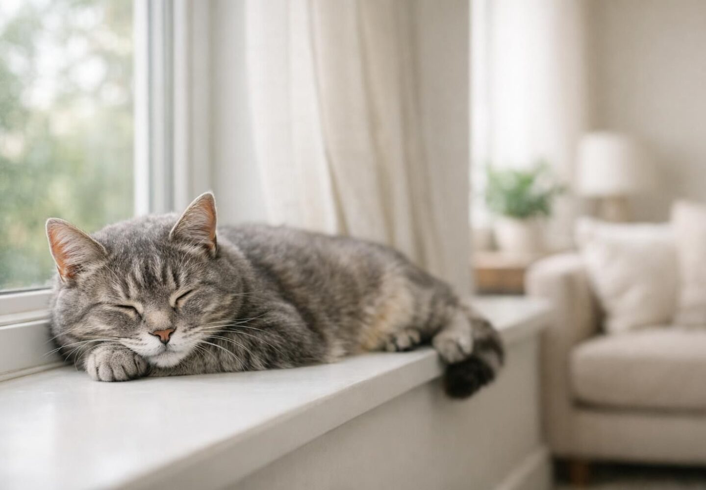 Chat senior au repos sur un rebord de fenêtre lumineux