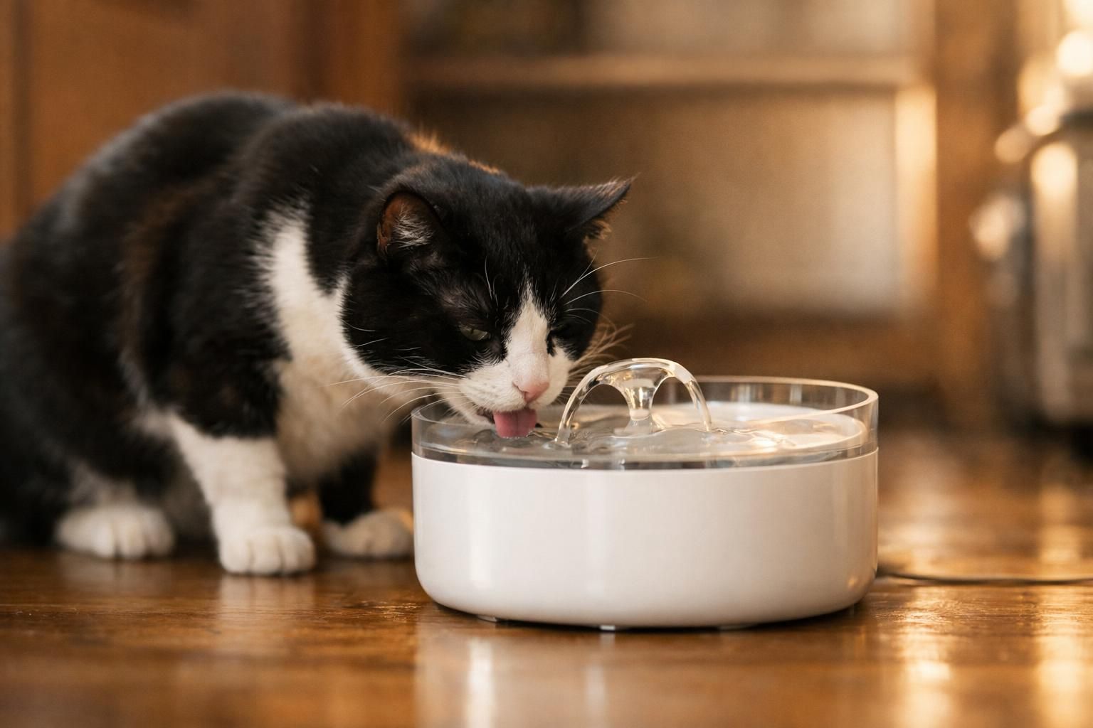 Chat buvant de l'eau fraîche à une fontaine, hydratation et santé rénale