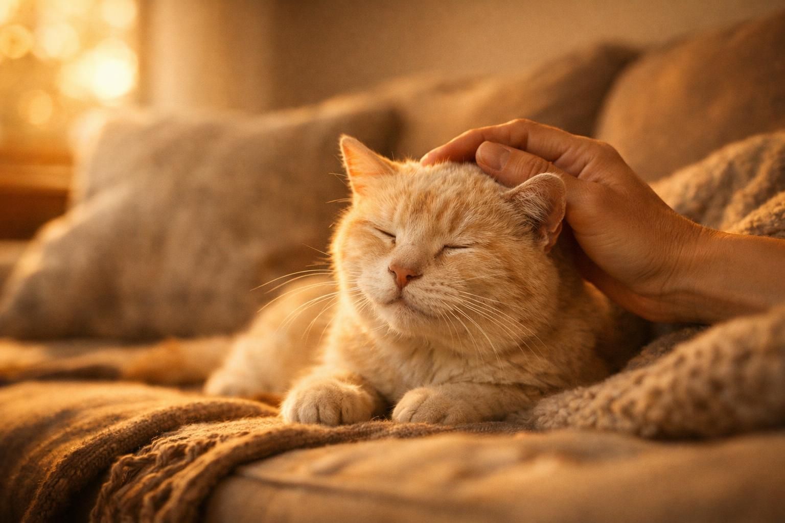 Vieux chat crème caressé sereinement sur un canapé