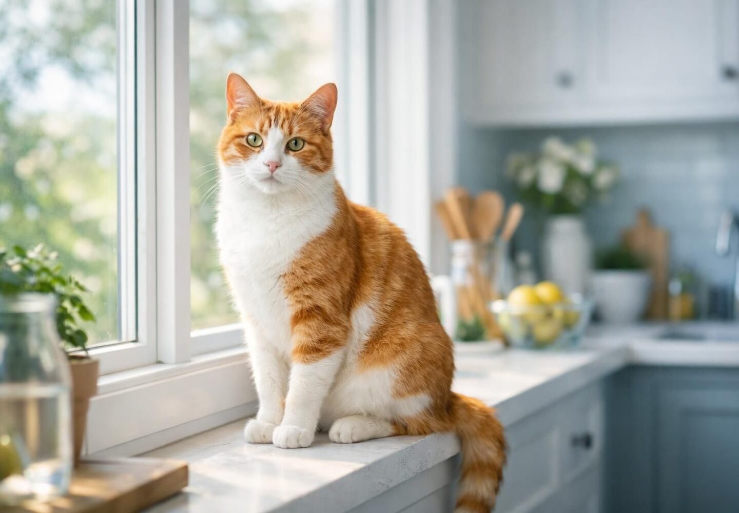 Chat stérilisé svelte et en forme installé sur le rebord d'une fenêtre ensoleillée