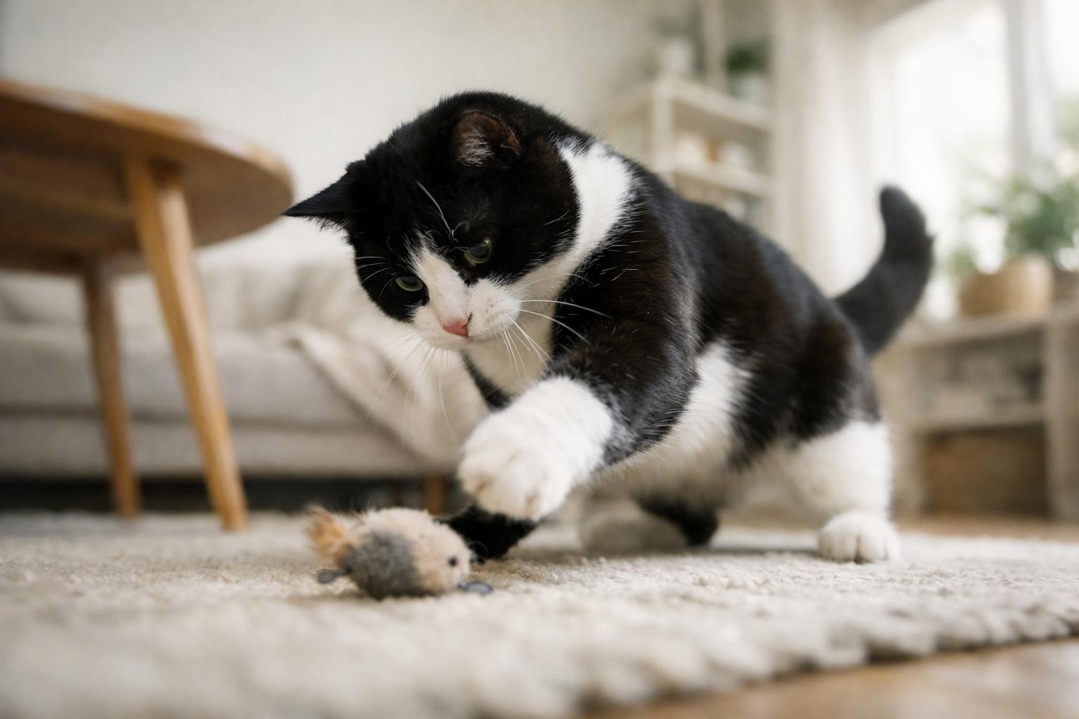 Chat stérilisé en pleine forme jouant sur un tapis clair